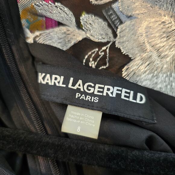 NWT Karl Lagerfeld Paris Dress Size 8 Black Cocktail Floral Mesh Yoke Ruffle Hem - Picture 8 of 9